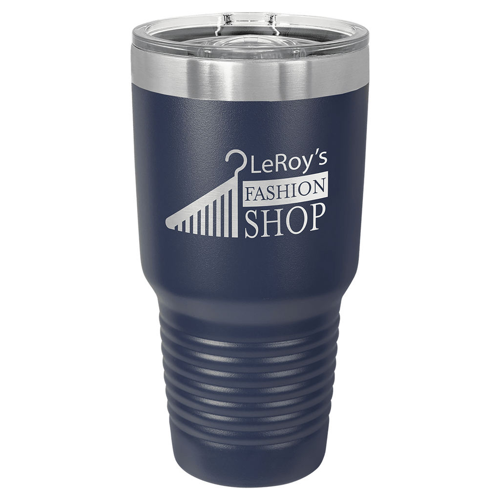 Navy blue powder-coated 30 oz. ringneck tumbler with a stainless steel band and clear slider lid, shown with a sample engraving