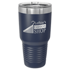 Navy blue powder-coated 30 oz. ringneck tumbler with a stainless steel band and clear slider lid, shown with a sample engraving