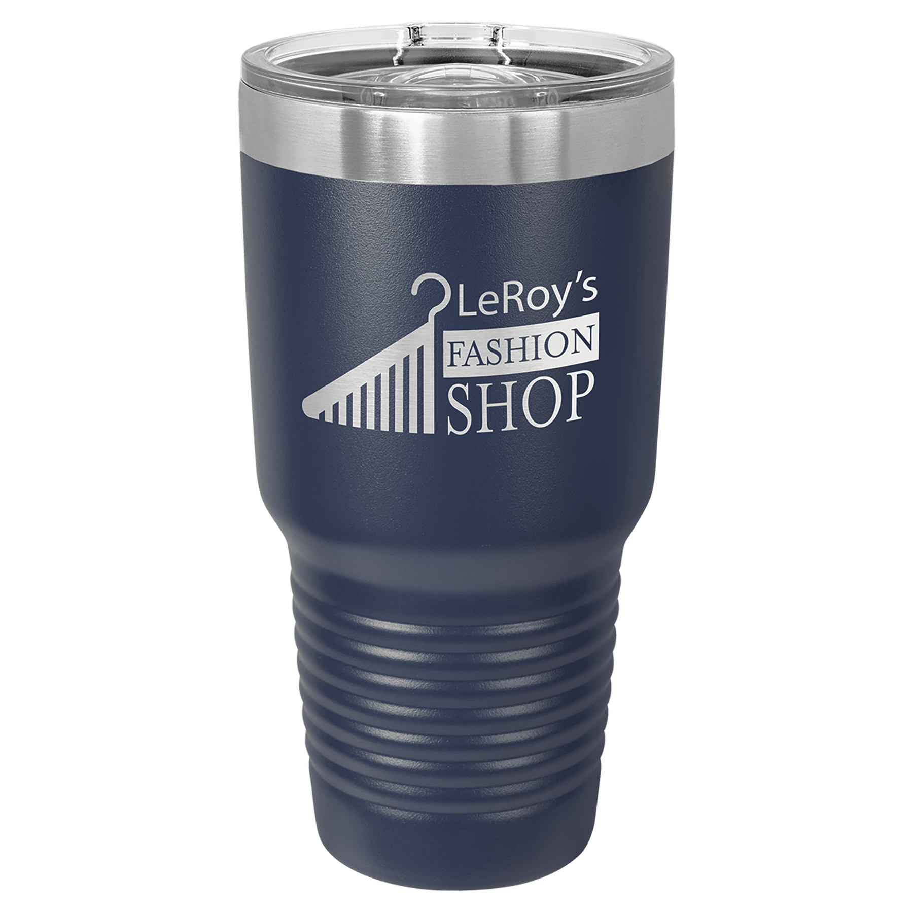 Navy blue powder-coated 30 oz. ringneck tumbler with a stainless steel band and clear slider lid, shown with a sample engraving