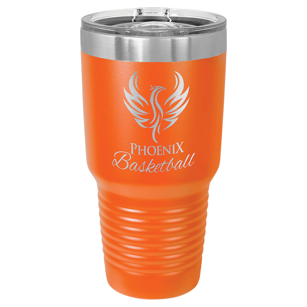 Orange powder-coated 30 oz. ringneck tumbler with a stainless steel band and clear slider lid, shown with a sample engraving