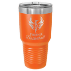 Orange powder-coated 30 oz. ringneck tumbler with a stainless steel band and clear slider lid, shown with a sample engraving