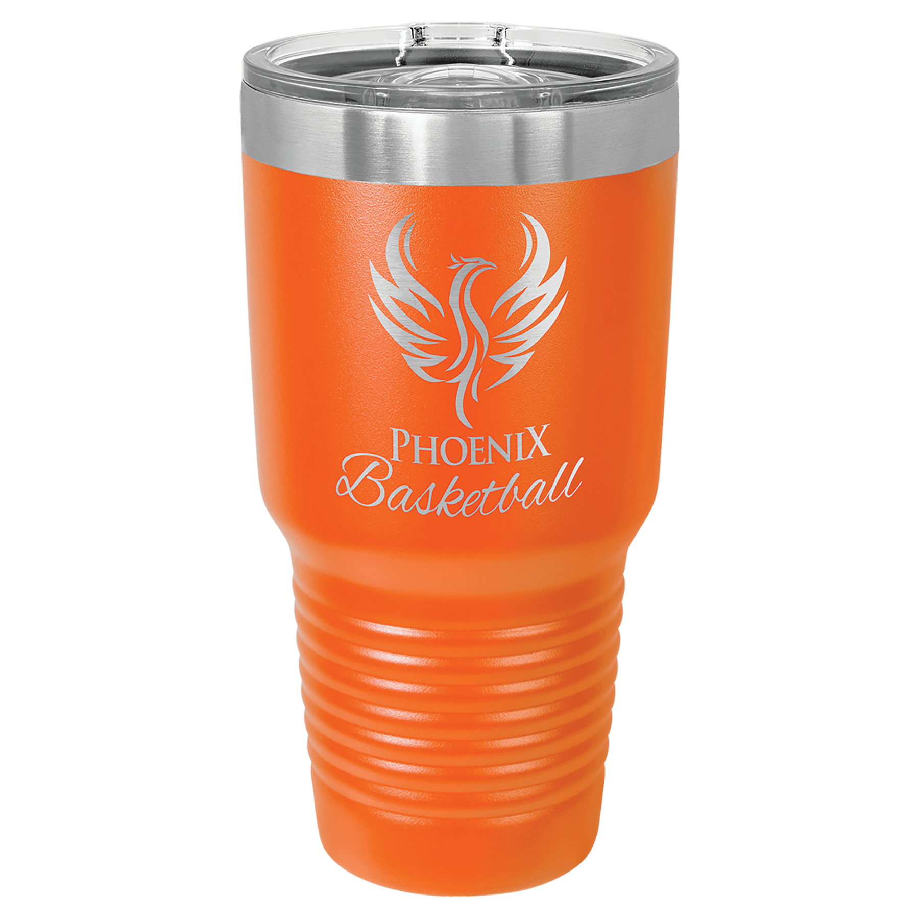 Orange powder-coated 30 oz. ringneck tumbler with a stainless steel band and clear slider lid, shown with a sample engraving