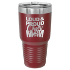 Maroon powder-coated 30 oz. ringneck tumbler with a stainless steel band and clear slider lid, shown with a sample engraving