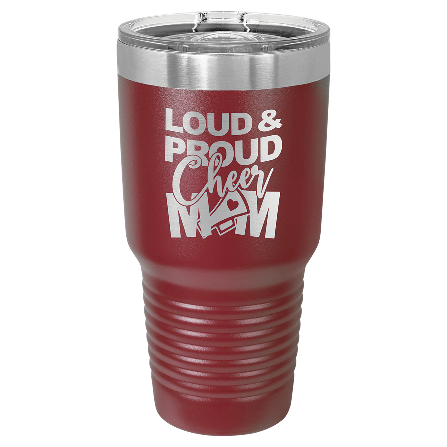 Maroon powder-coated 30 oz. ringneck tumbler with a stainless steel band and clear slider lid, shown with a sample engraving