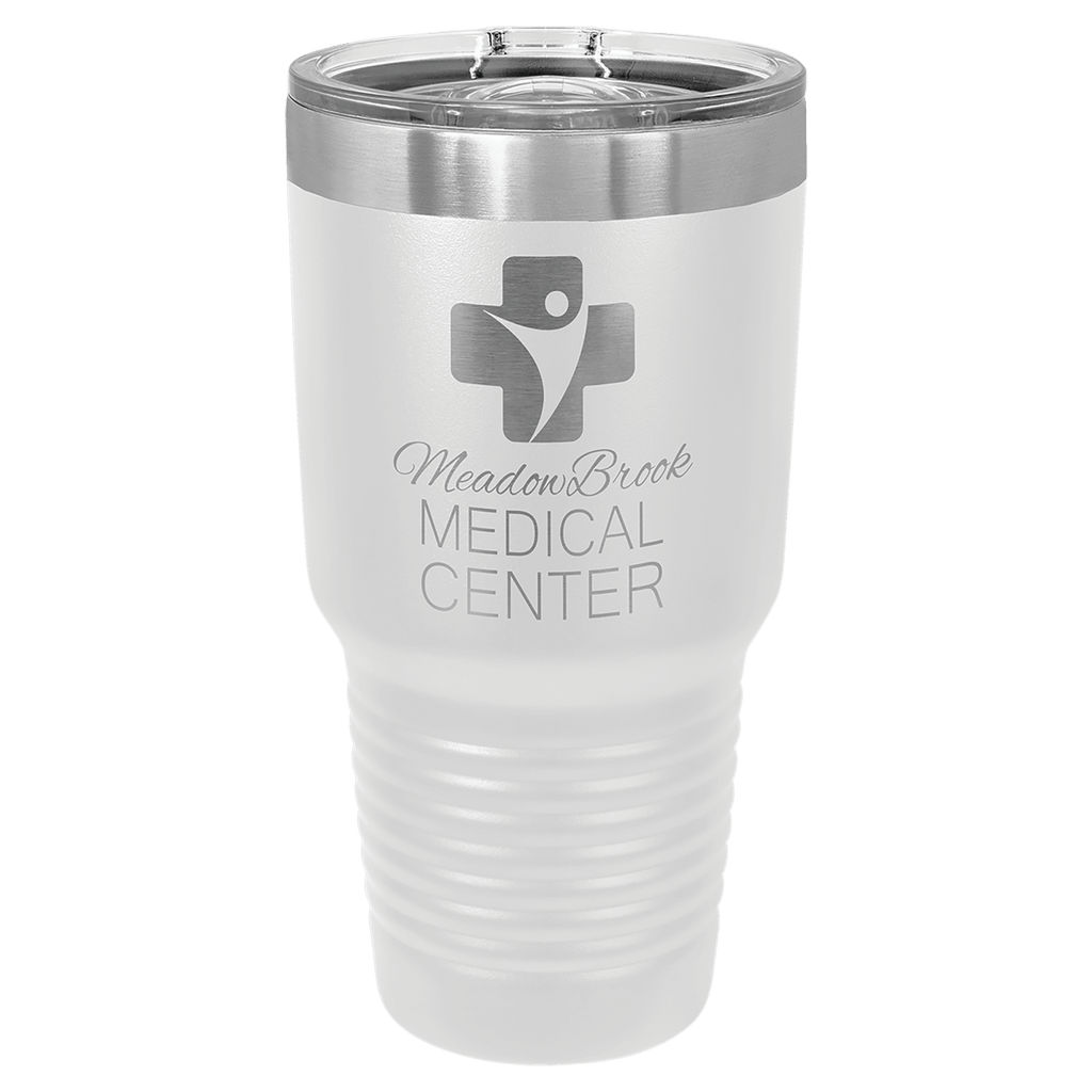 White powder-coated 30 oz. ringneck tumbler with a stainless steel band and clear slider lid, shown with a sample engraving