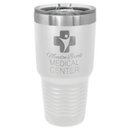 White powder-coated 30 oz. ringneck tumbler with a stainless steel band and clear slider lid, shown with a sample engraving