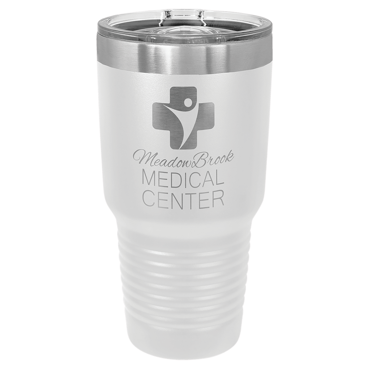 White powder-coated 30 oz. ringneck tumbler with a stainless steel band and clear slider lid, shown with a sample engraving