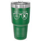 Green powder-coated 30 oz. ringneck tumbler with a stainless steel band and clear slider lid, shown with a sample engraving