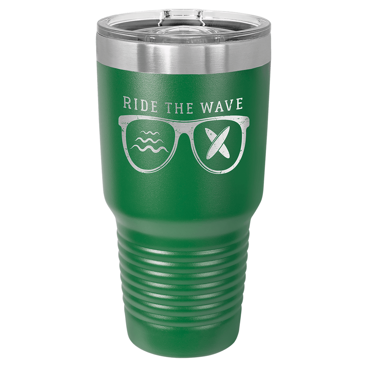 Green powder-coated 30 oz. ringneck tumbler with a stainless steel band and clear slider lid, shown with a sample engraving