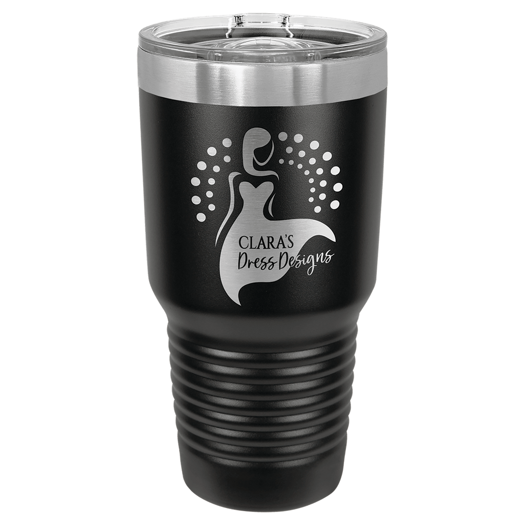 Black powder-coated 30 oz. ringneck tumbler with a stainless steel band and clear slider lid, shown with a sample engraving