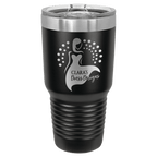 Black powder-coated 30 oz. ringneck tumbler with a stainless steel band and clear slider lid, shown with a sample engraving