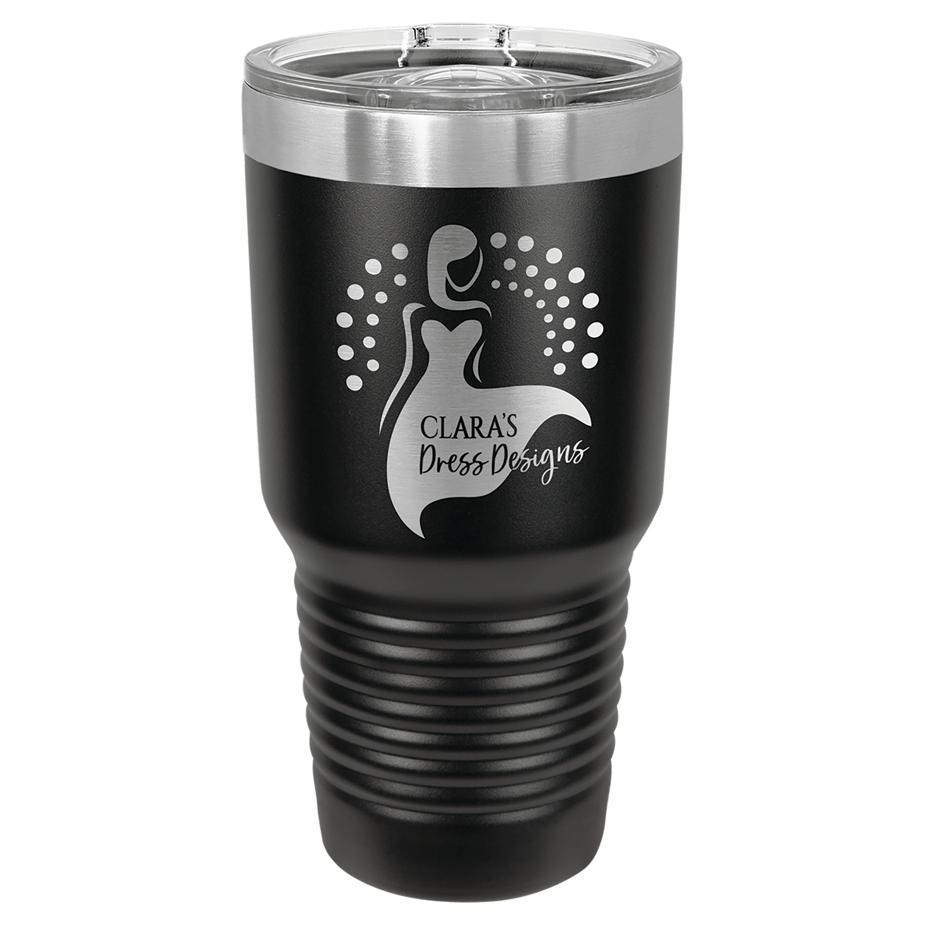 Black powder-coated 30 oz. ringneck tumbler with a stainless steel band and clear slider lid, shown with a sample engraving
