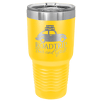 Yellow powder-coated 30 oz. ringneck tumbler with a stainless steel band and clear slider lid, shown with a sample engraving