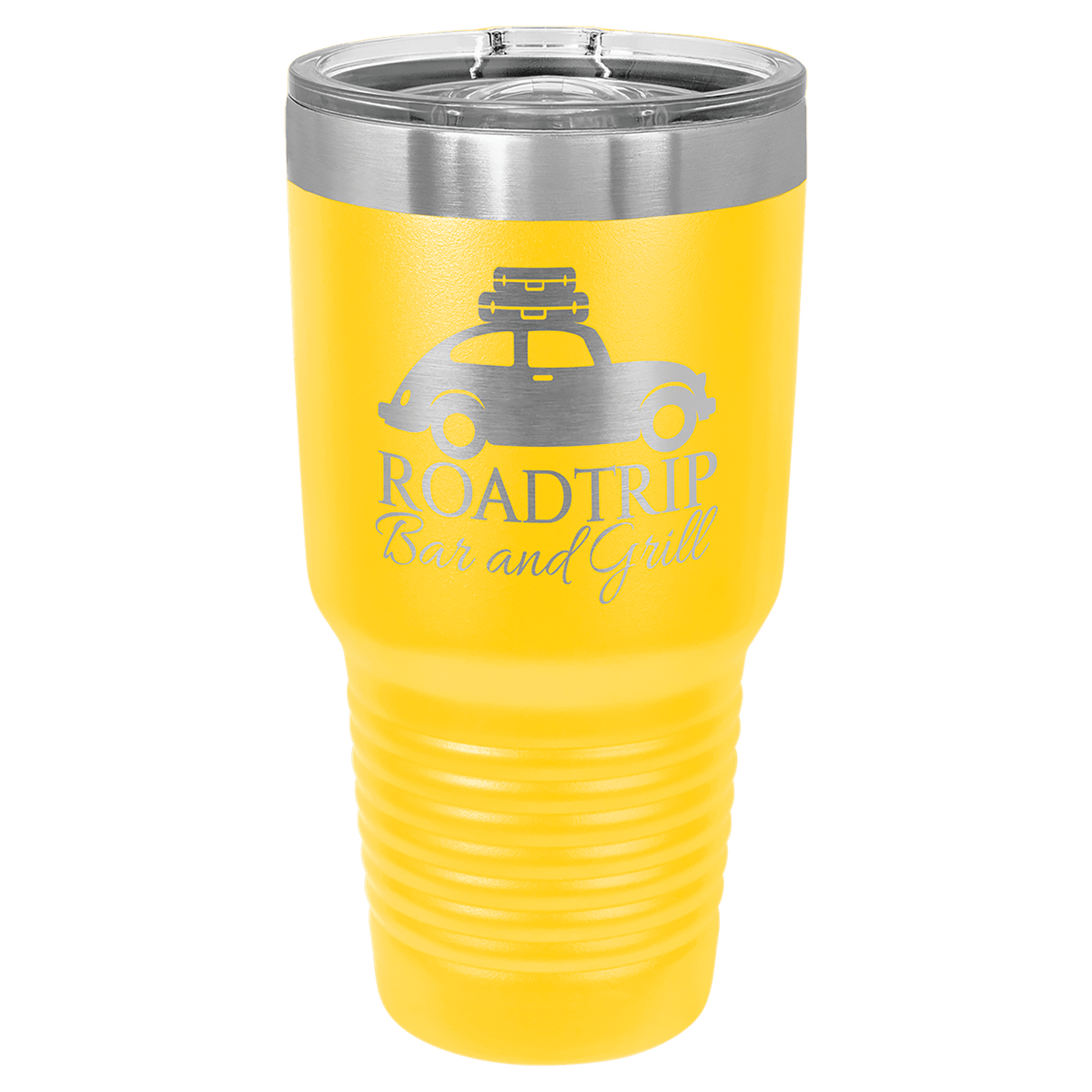 Yellow powder-coated 30 oz. ringneck tumbler with a stainless steel band and clear slider lid, shown with a sample engraving