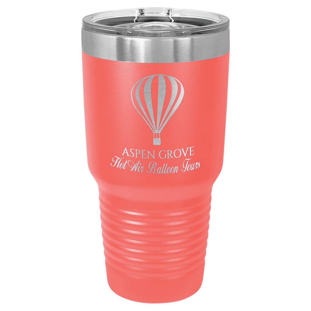Coral powder-coated 30 oz. ringneck tumbler with a stainless steel band and clear slider lid, shown with a sample engraving