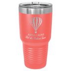 Coral powder-coated 30 oz. ringneck tumbler with a stainless steel band and clear slider lid, shown with a sample engraving