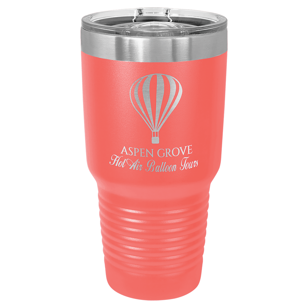 Coral powder-coated 30 oz. ringneck tumbler with a stainless steel band and clear slider lid, shown with a sample engraving