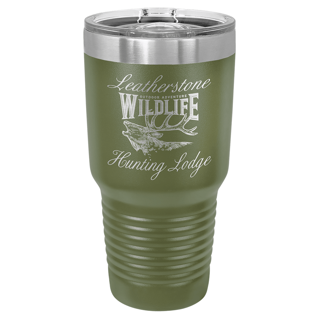 Olive green powder-coated 30 oz. ringneck tumbler with a stainless steel band and clear slider lid, shown with a sample engraving