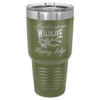 Olive green powder-coated 30 oz. ringneck tumbler with a stainless steel band and clear slider lid, shown with a sample engraving