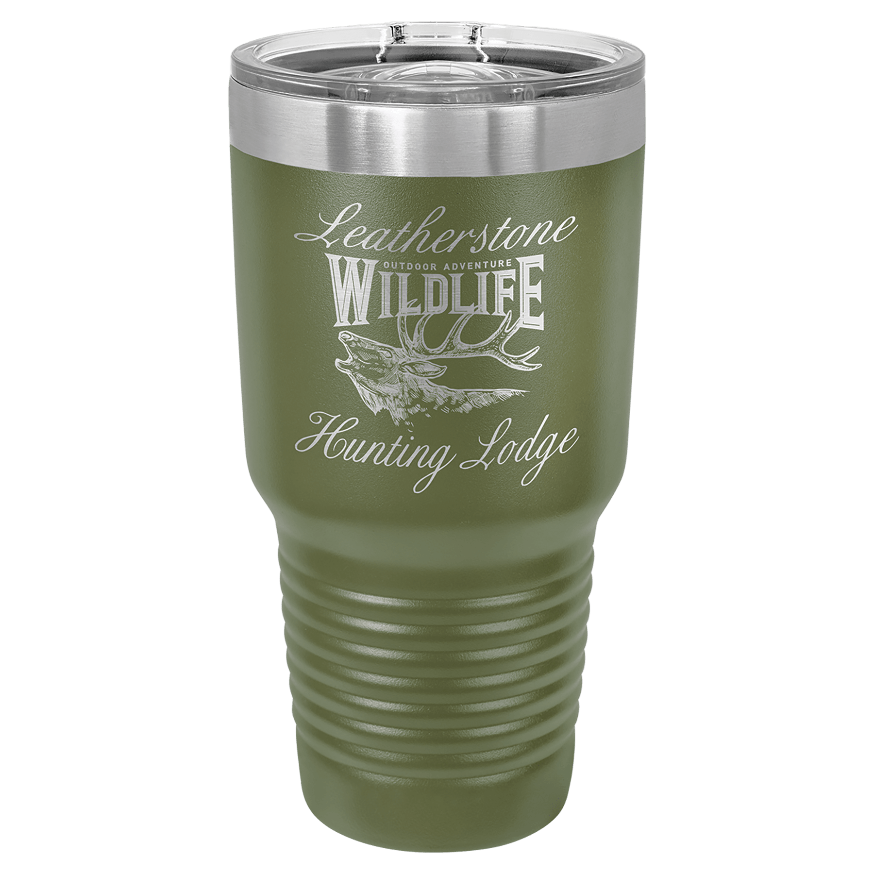 Olive green powder-coated 30 oz. ringneck tumbler with a stainless steel band and clear slider lid, shown with a sample engraving