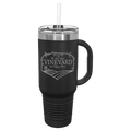 Black powder-coated 40 oz. travel mug with a handle, straw and snap lid, shown with a sample engraving
