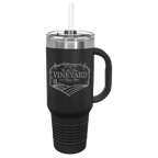 Black powder-coated 40 oz. travel mug with a handle, straw and snap lid, shown with a sample engraving