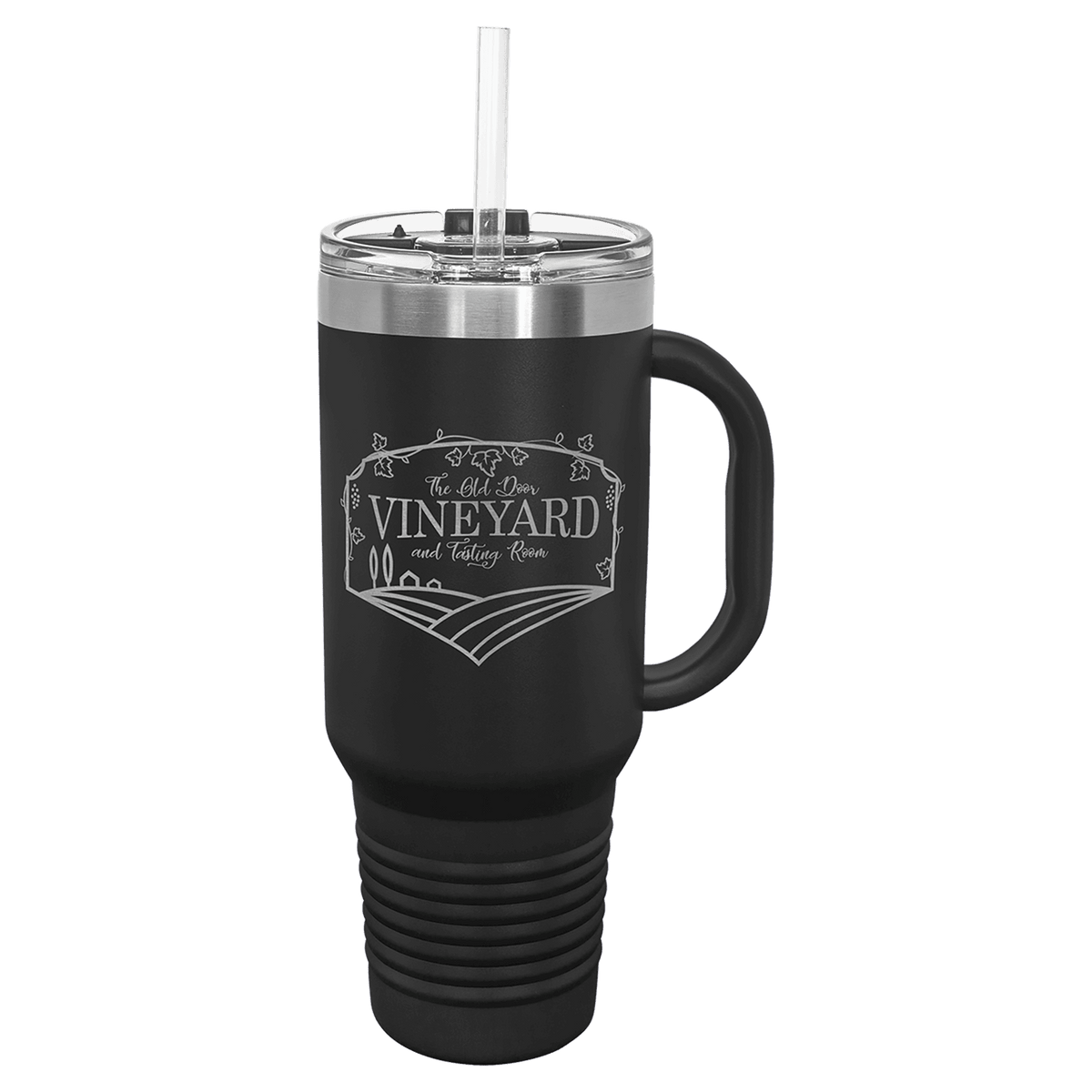 Black powder-coated 40 oz. travel mug with a handle, straw and snap lid, shown with a sample engraving