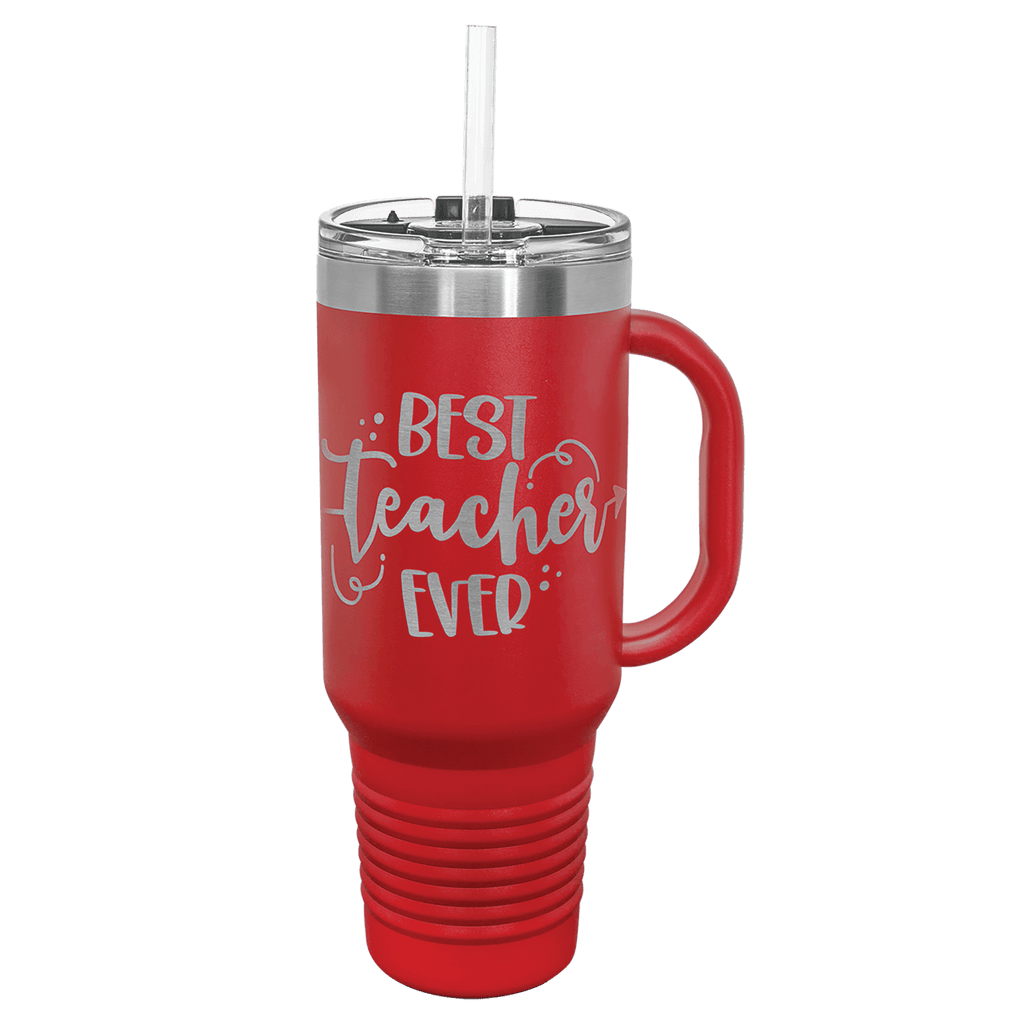 Red powder-coated 40 oz. travel mug with a handle, straw and snap lid, shown with a sample engraving