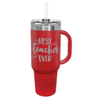 Red powder-coated 40 oz. travel mug with a handle, straw and snap lid, shown with a sample engraving