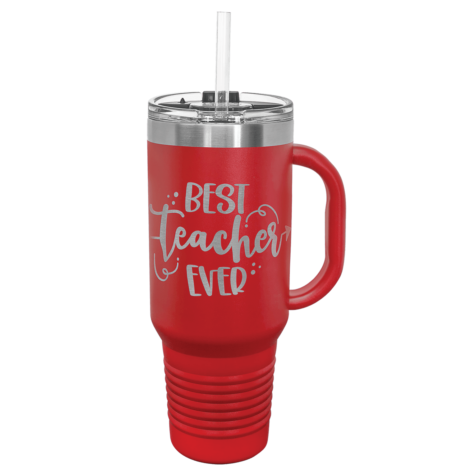 Red powder-coated 40 oz. travel mug with a handle, straw and snap lid, shown with a sample engraving