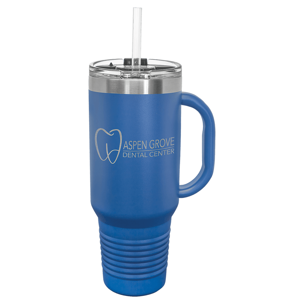 Royal blue powder-coated 40 oz. travel mug with a handle, straw and snap lid, shown with a sample engraving