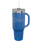 Royal blue powder-coated 40 oz. travel mug with a handle, straw and snap lid, shown with a sample engraving
