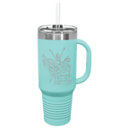 Teal powder-coated 40 oz. travel mug with a handle, straw and snap lid, shown with a sample engraving