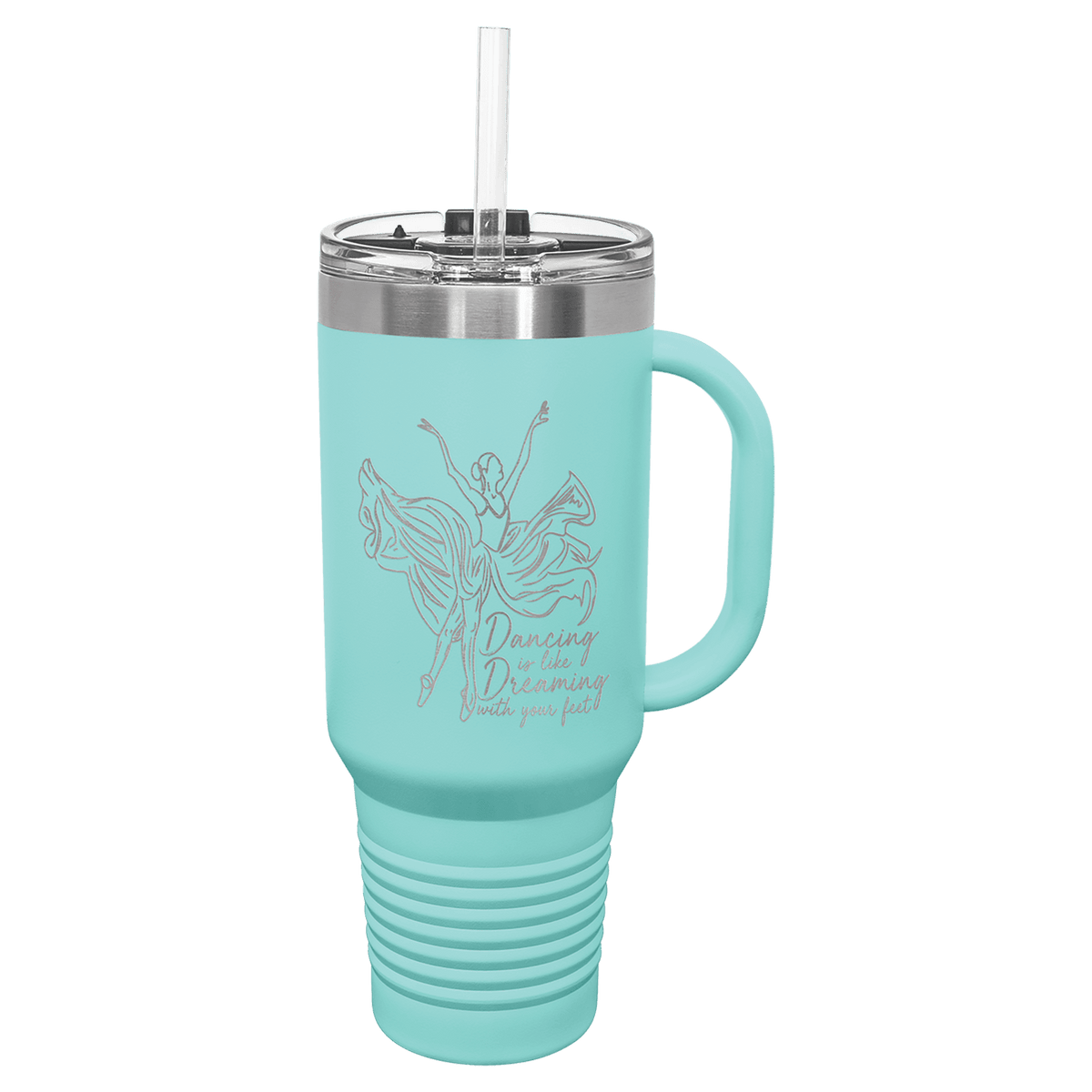 Teal powder-coated 40 oz. travel mug with a handle, straw and snap lid, shown with a sample engraving