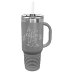 Dark gray powder-coated 40 oz. travel mug with a handle, straw and snap lid, shown with a sample engraving