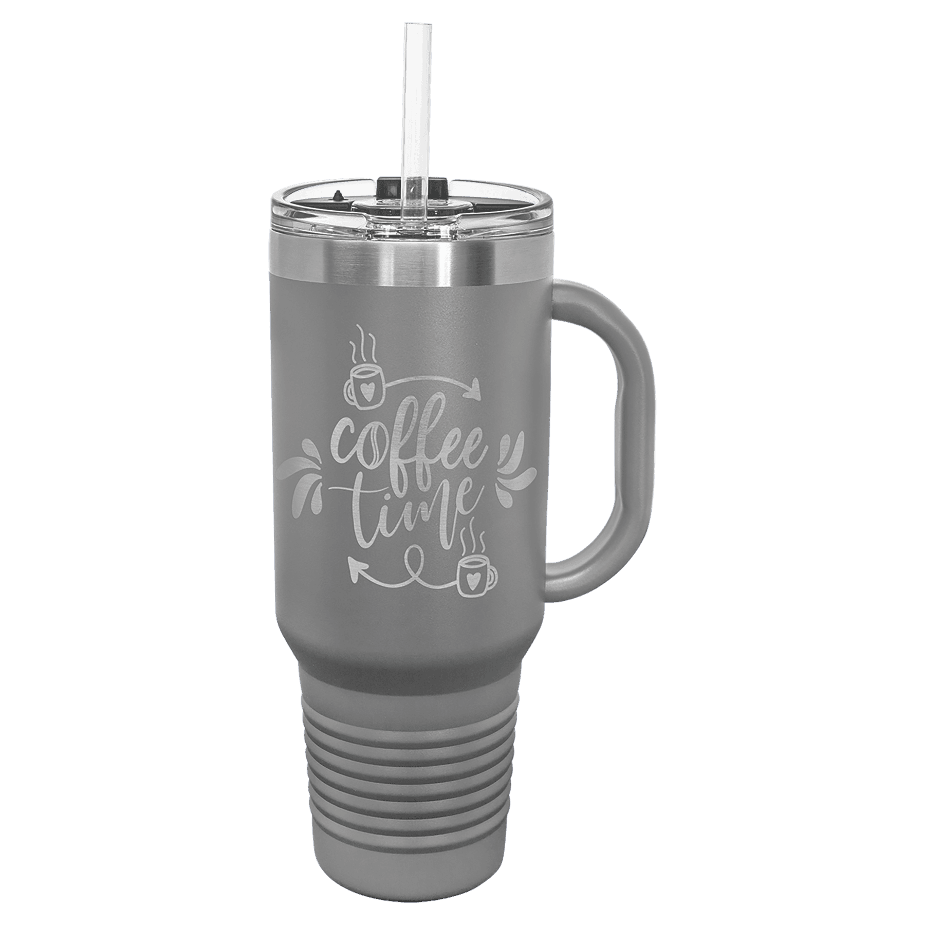 Dark gray powder-coated 40 oz. travel mug with a handle, straw and snap lid, shown with a sample engraving