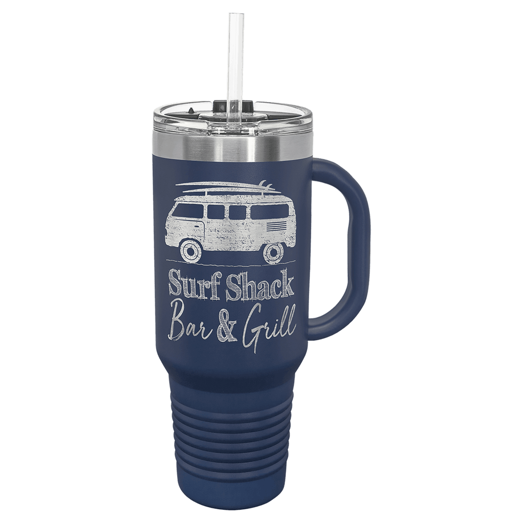 Navy blue powder-coated 40 oz. travel mug with a handle, straw and snap lid, shown with a sample engraving