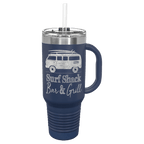 Navy blue powder-coated 40 oz. travel mug with a handle, straw and snap lid, shown with a sample engraving