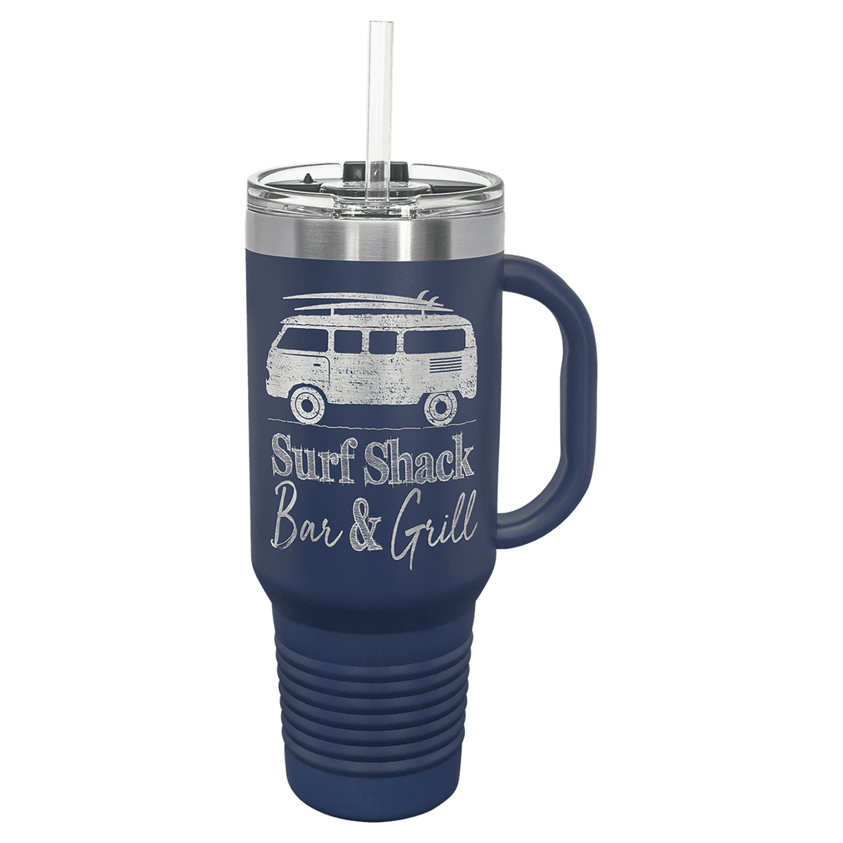 Navy blue powder-coated 40 oz. travel mug with a handle, straw and snap lid, shown with a sample engraving