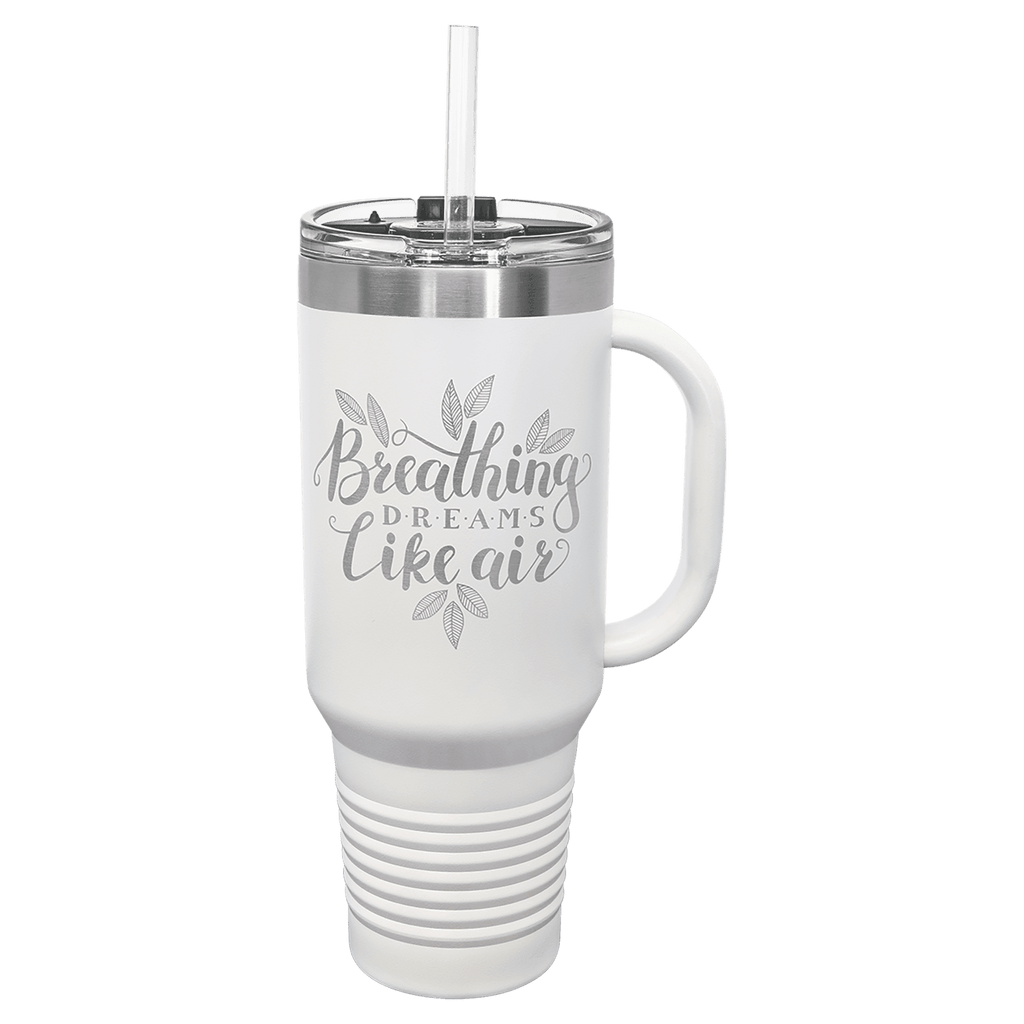 White powder-coated 40 oz. travel mug with a handle, straw and snap lid, shown with a sample engraving