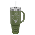 Olive green powder-coated 40 oz. travel mug with a handle, straw and snap lid, shown with a sample engraving