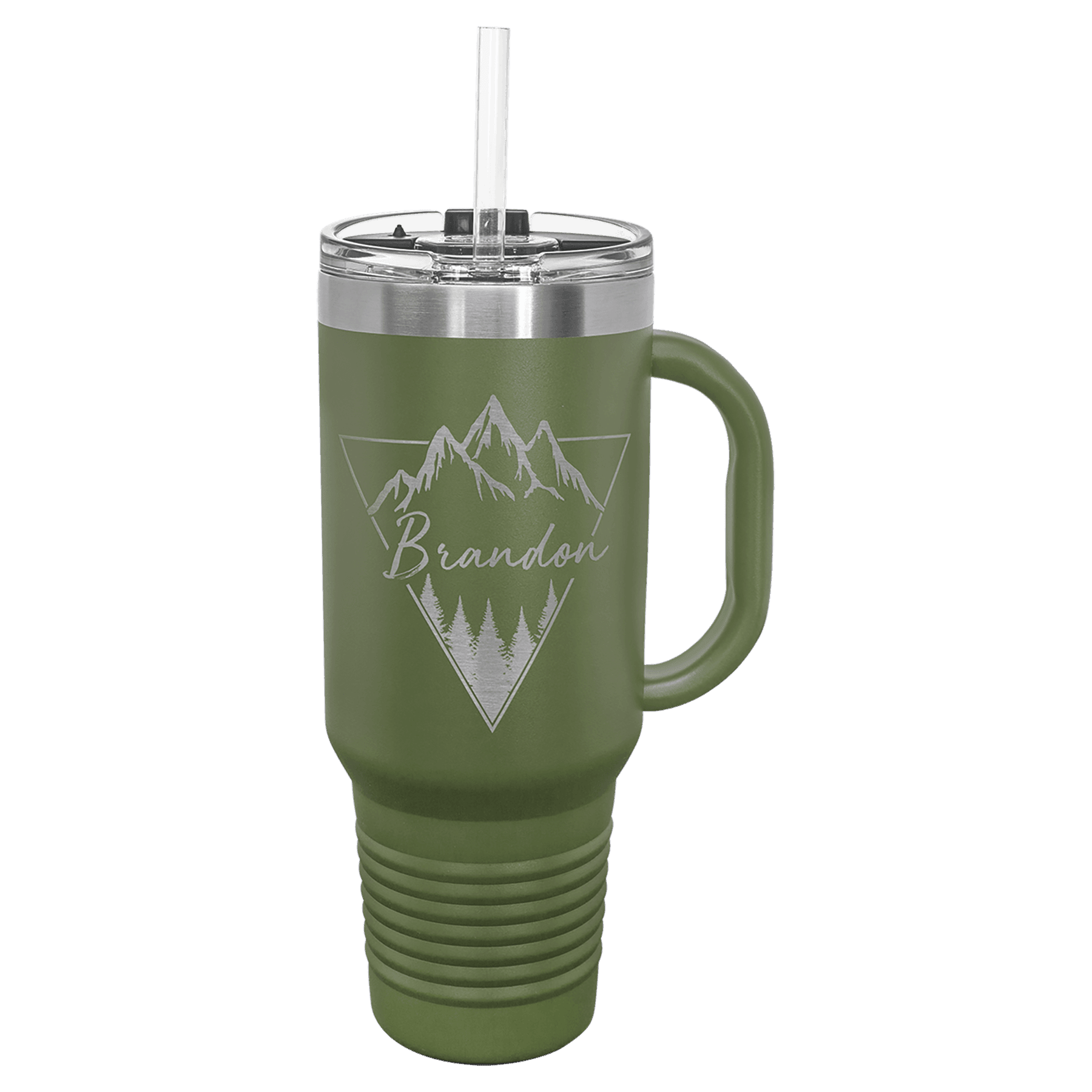 Olive green powder-coated 40 oz. travel mug with a handle, straw and snap lid, shown with a sample engraving