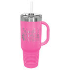 Pink powder-coated 40 oz. travel mug with a handle, straw and snap lid, shown with a sample engraving