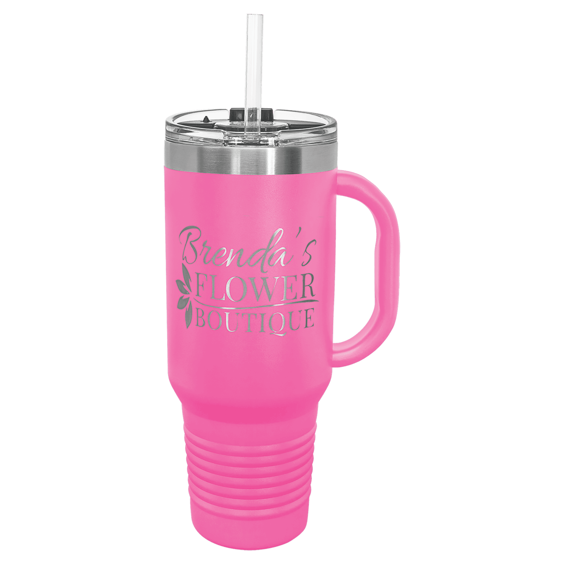 Pink powder-coated 40 oz. travel mug with a handle, straw and snap lid, shown with a sample engraving