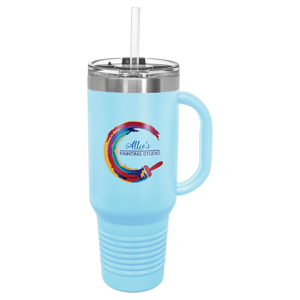 Light blue powder-coated 40 oz. travel mug with a handle, straw and snap lid, shown with a sample engraving