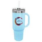 Light blue powder-coated 40 oz. travel mug with a handle, straw and snap lid, shown with a sample engraving