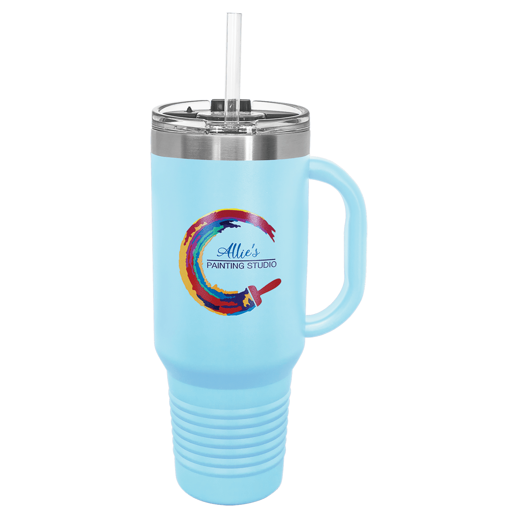 Light blue powder-coated 40 oz. travel mug with a handle, straw and snap lid, shown with a sample engraving