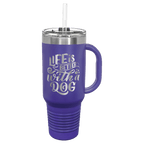 Purple powder-coated 40 oz. travel mug with a handle, straw and snap lid, shown with a sample engraving