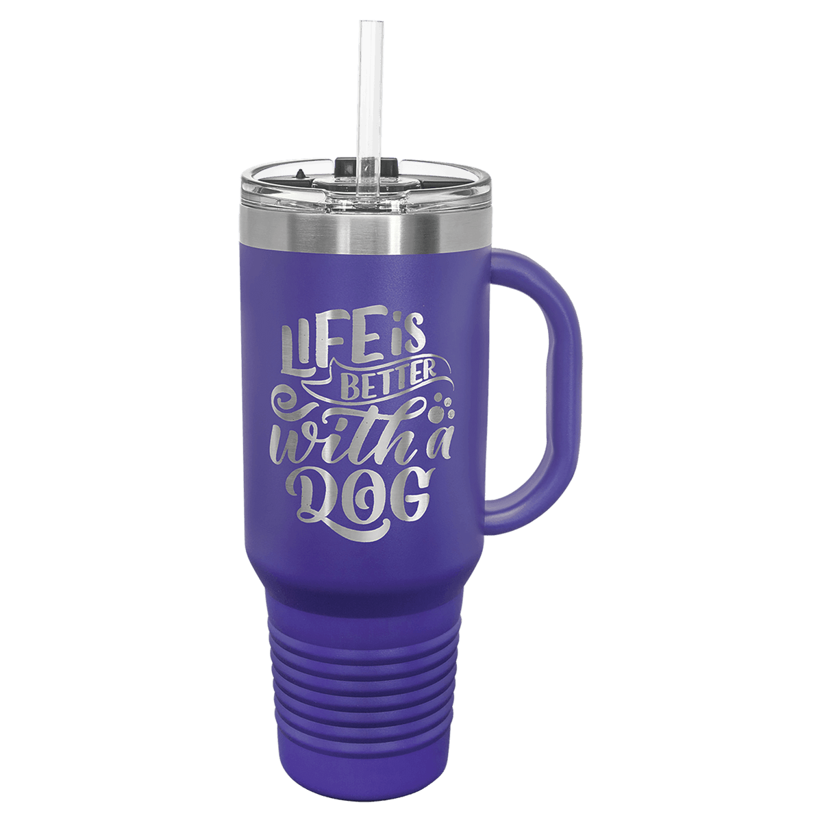 Purple powder-coated 40 oz. travel mug with a handle, straw and snap lid, shown with a sample engraving