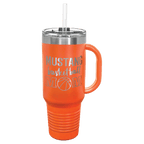 Orange powder-coated 40 oz. travel mug with a handle, straw and snap lid, shown with a sample engraving